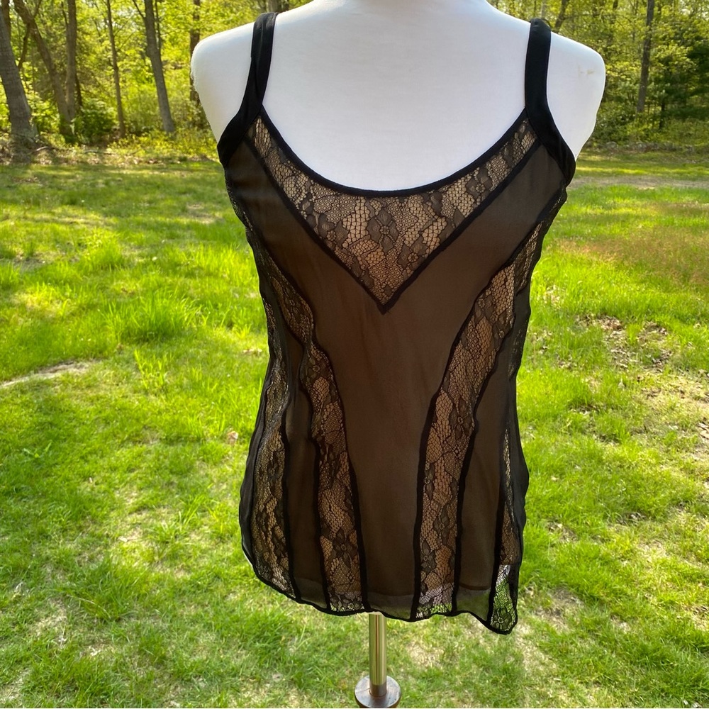 ETCETERA CAMISOLE TOP BLACK SHEER LACE SILK TAN LINED Size 2